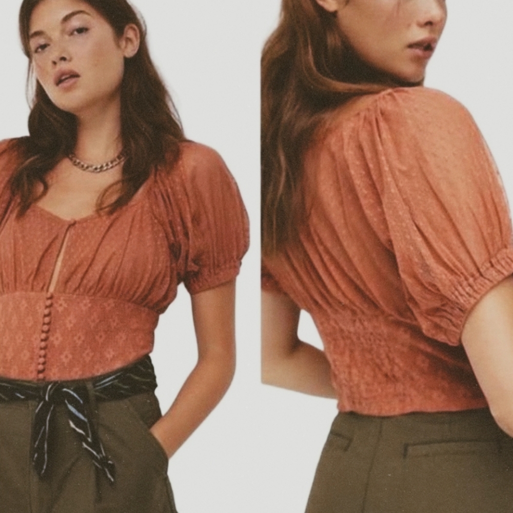↠ Free People Rose Rust Button Front Sheer Swiss Dot Puff Sleeve Top - Picture 2 of 8